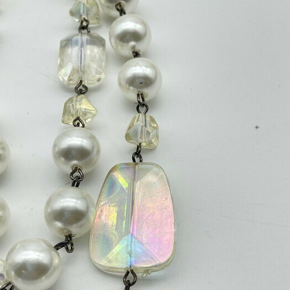 Double Strand Faux Pearl & Aurora Borealis Crystal Beads on Antiqued Chain 28" - Picture 3 of 4